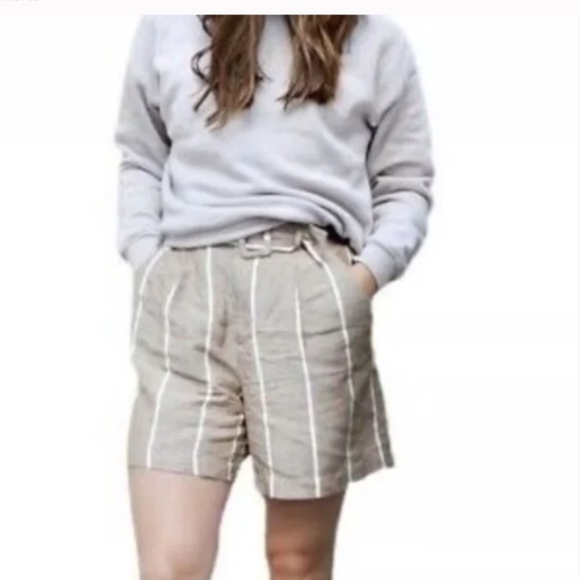 a new day Pants - A New Day Tan/White Striped Linen Blend Belt Loops High Rise Short Plus Size XXL